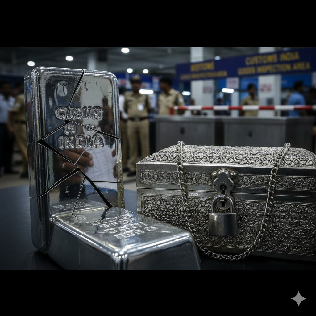 Dramatic image showing a silver bar next to a locked silver jewellery box, symbolizing the lowered import duty on bullion versus the restriction on finished goods.