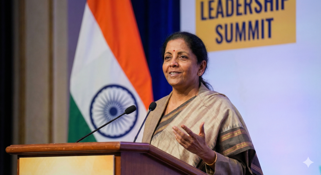 FM Nirmala Sitharaman announcing customs reforms at a leadership summit.
